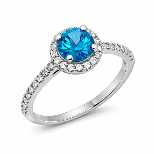 Sterling Silver Blue Topaz Colour CZ Halo Ring – 6mm Round Centre Stone - PT2020