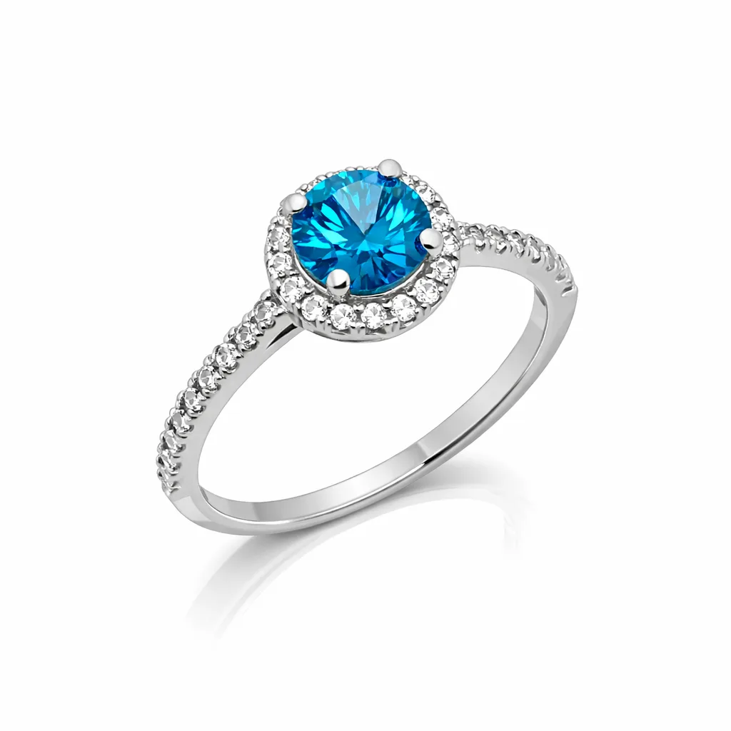 Sterling Silver Blue Topaz Colour CZ Halo Ring – 6mm Round Centre Stone - PT2020