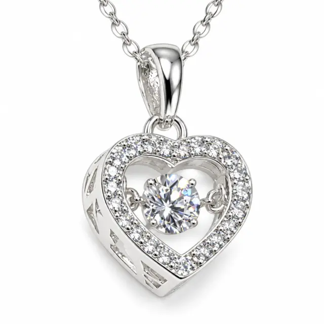 Sterling Silver Brilliant-Cut Moving Center Cubic Zirconia Heart Pendant and Sterling Silver Chain