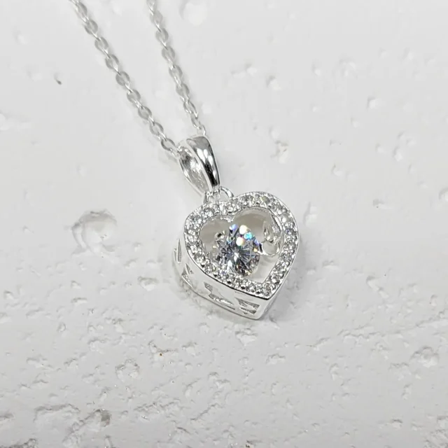Sterling Silver Brilliant-Cut Moving Center Cubic Zirconia Heart Pendant and Sterling Silver Chain