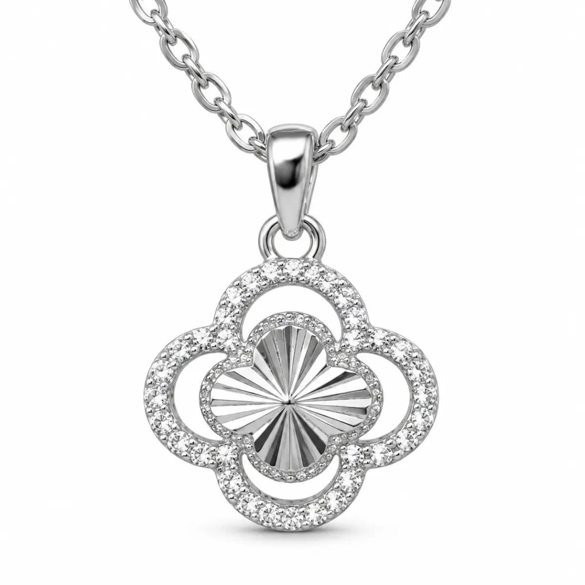 Sterling Silver Clover Pendant with CZ Halo & Starburst Centre (12mm) - V08609HP