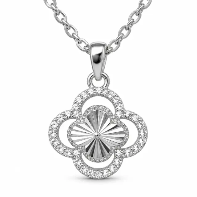 Sterling Silver Clover Pendant with CZ Halo & Starburst Centre (12mm) - V08609HP