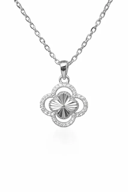 Sterling Silver Clover Pendant with CZ Halo & Starburst Centre (12mm) - V08609HP
