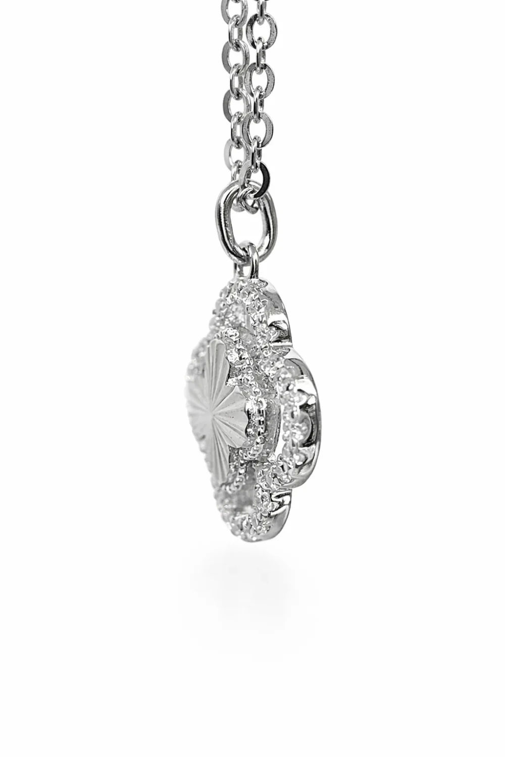 Sterling Silver Clover Pendant with CZ Halo & Starburst Centre (12mm) - V08609HP