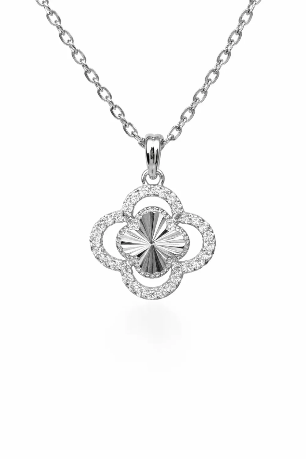 Sterling Silver Clover Pendant with CZ Halo & Starburst Centre (12mm) - V08609HP