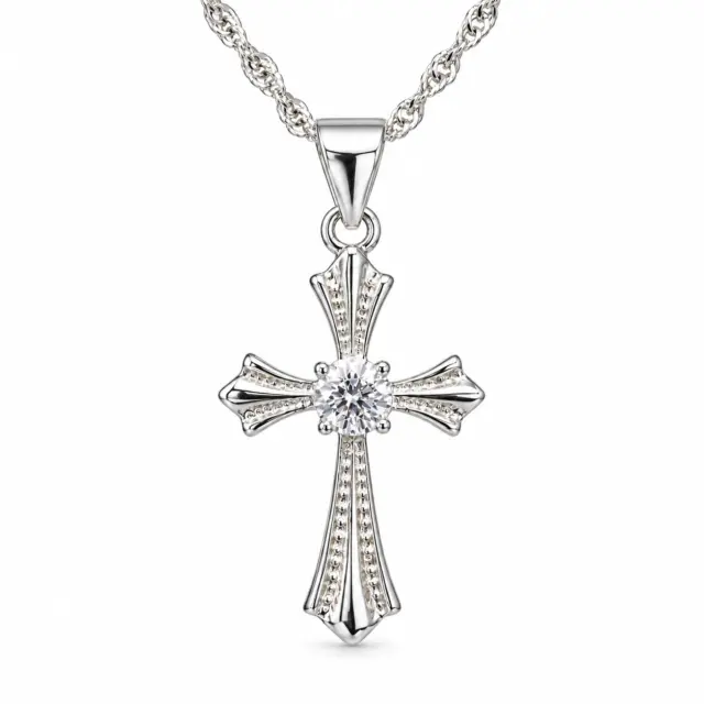 Sterling Silver Cross Pendant with 3.4mm Cubic Zirconia Centre Stone & Complimentary Sterling Silver Chain – 12mm x 20mm - 18006024