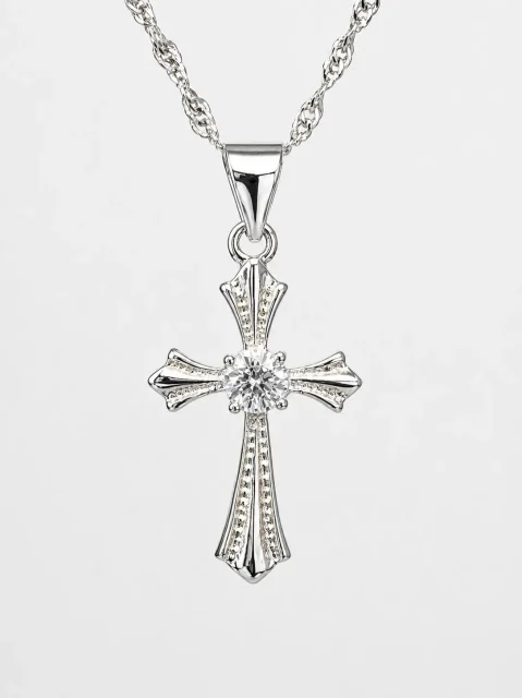 Sterling Silver Cross Pendant with 3.4mm Cubic Zirconia Centre Stone & Complimentary Sterling Silver Chain – 12mm x 20mm - 18006024
