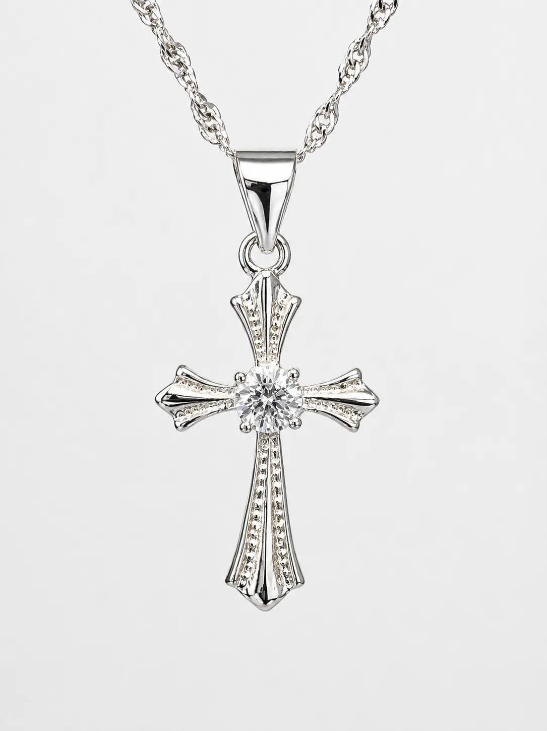 Sterling Silver Cross Pendant with 3.4mm Cubic Zirconia Centre Stone & Complimentary Sterling Silver Chain – 12mm x 20mm - 18006024