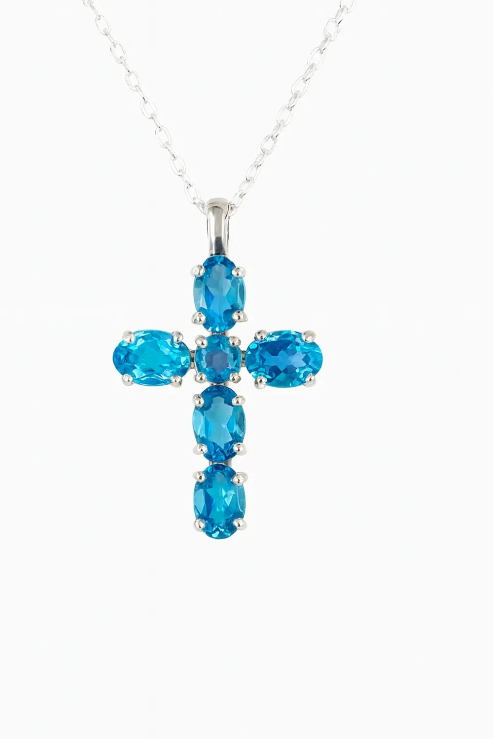 Sterling Silver Cross Pendant with Blue Topaz Setting - SC11
