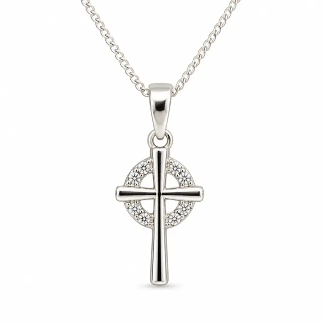 Sterling Silver Cross Pendant with Cubic Zirconia Halo and Complimentary Chain - S119625P/2