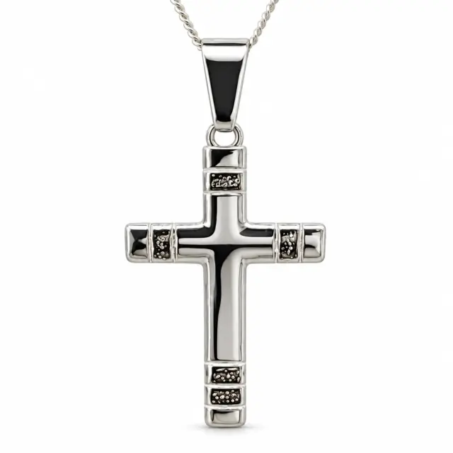 Sterling Silver Cross Pendant with Grooved Detailing and Complimentary Chain - S105298P/7
