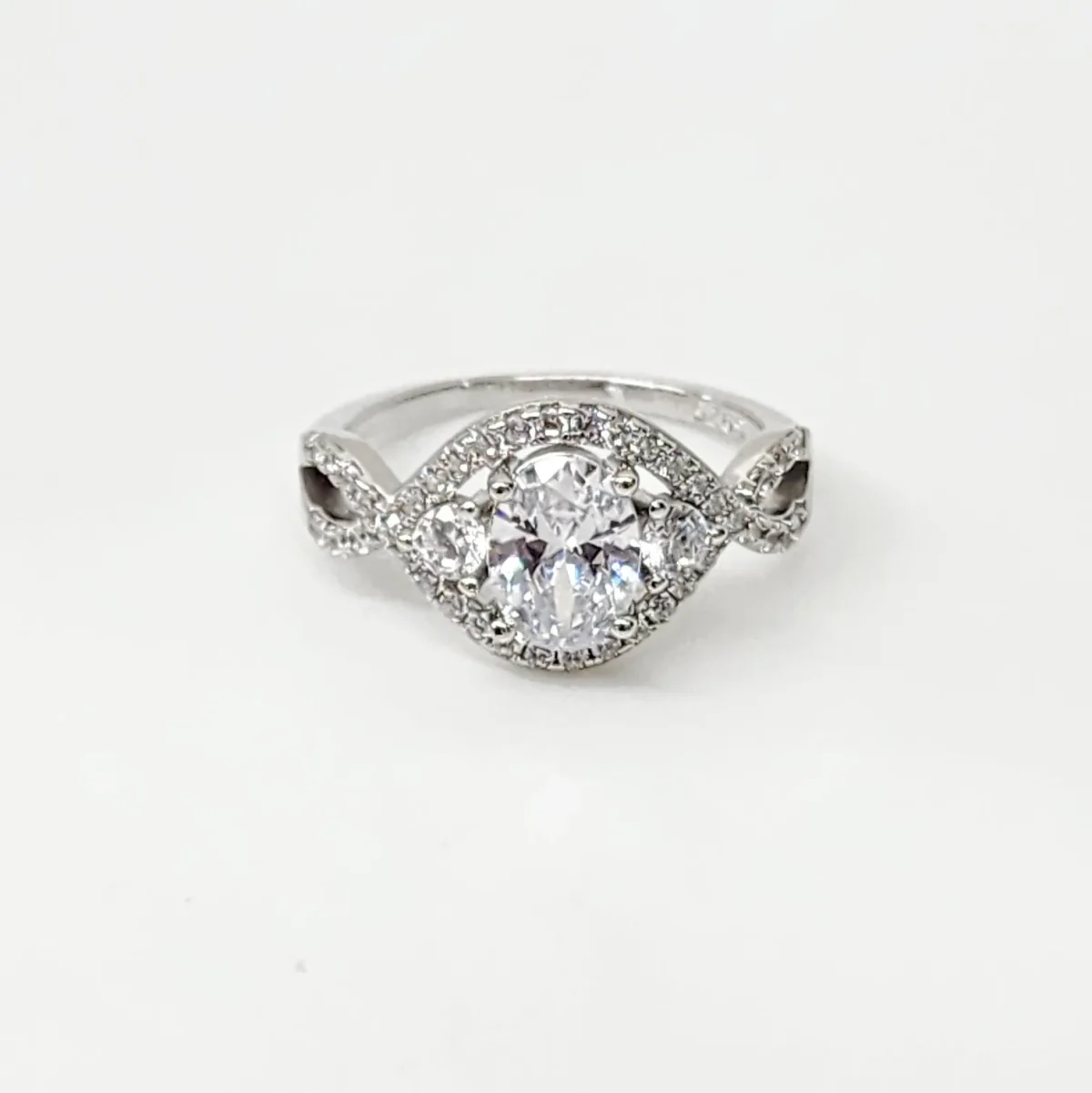 Sterling Silver Crossover Ring With Cubic Zirconia Engagement/Dress Ring