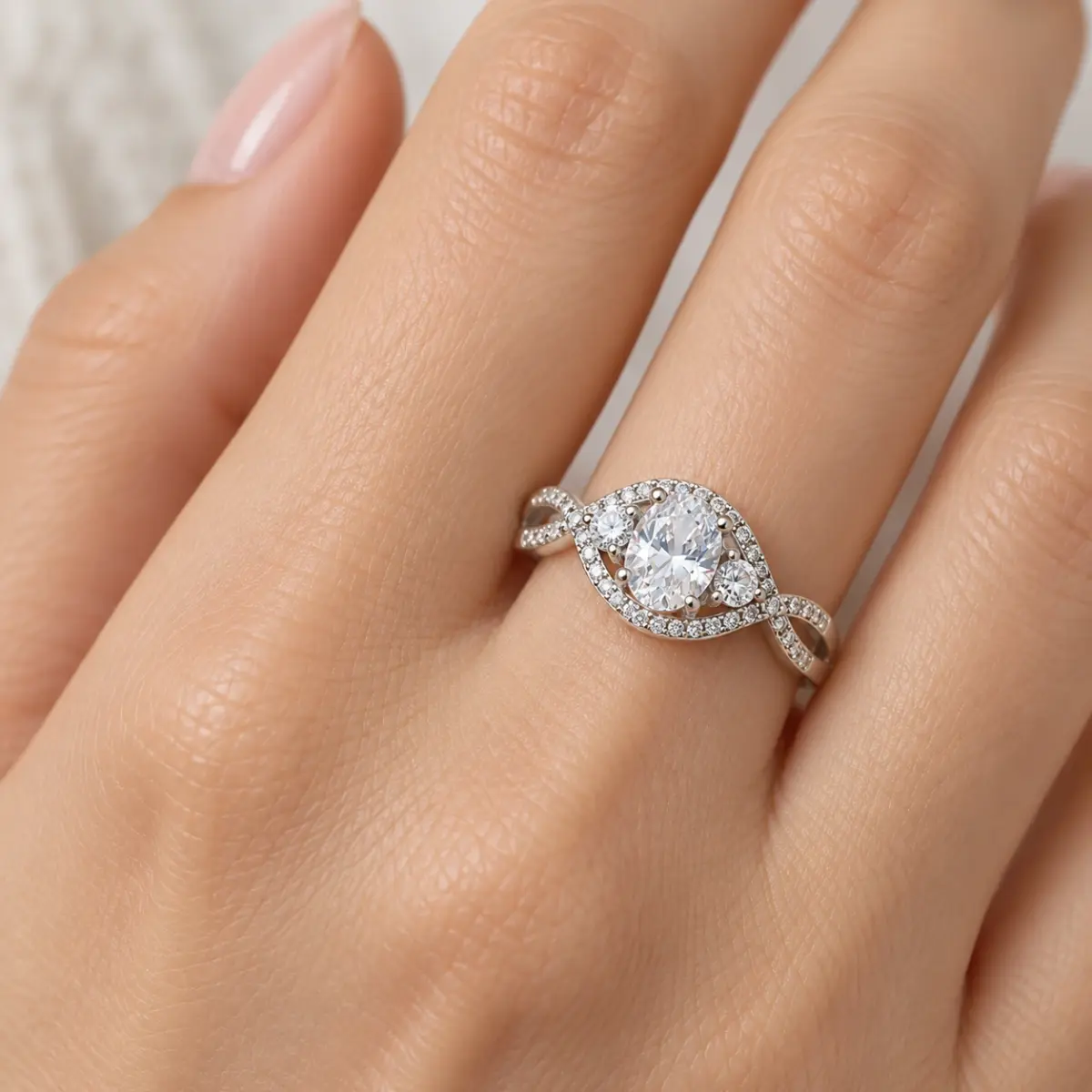 Sterling Silver Crossover Ring With Cubic Zirconia Engagement/Dress Ring