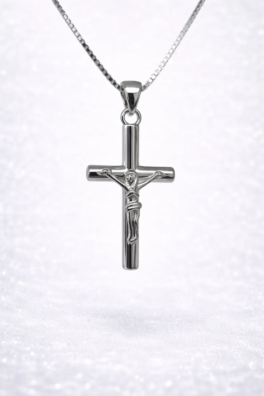 Sterling Silver Crucifix Pendant Necklace – Classic Polished Cross with Box Chain - XL070304B