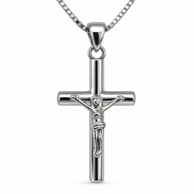 Sterling Silver Crucifix Pendant Necklace – Classic Polished Cross with Box Chain - XL070304B