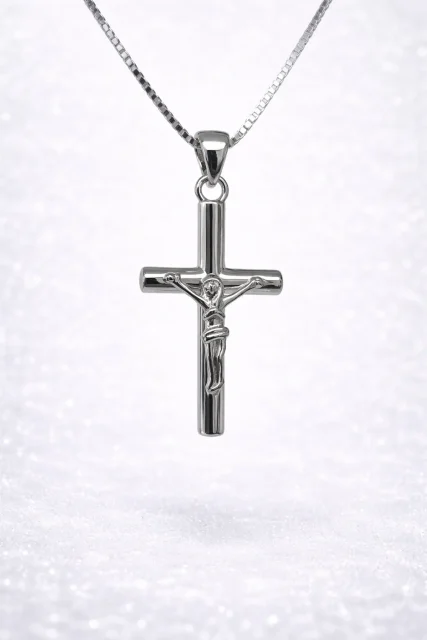 Sterling Silver Crucifix Pendant Necklace – Classic Polished Cross with Box Chain - XL070304B