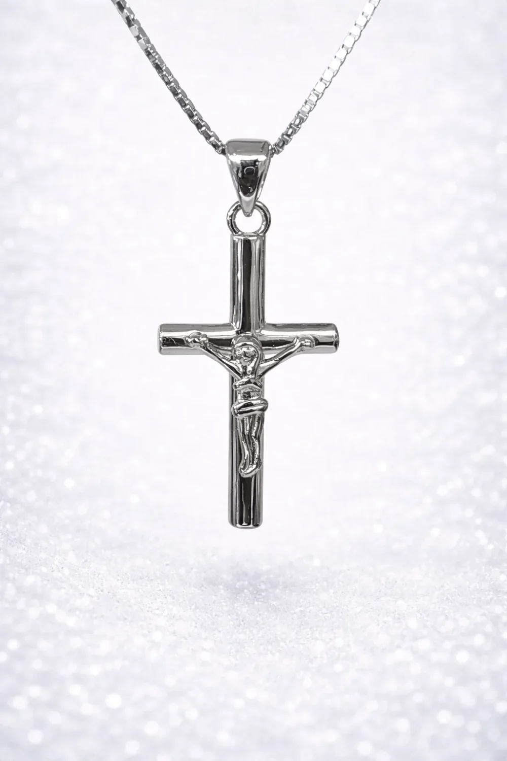 Sterling Silver Crucifix Pendant Necklace – Classic Polished Cross with Box Chain - XL070304B