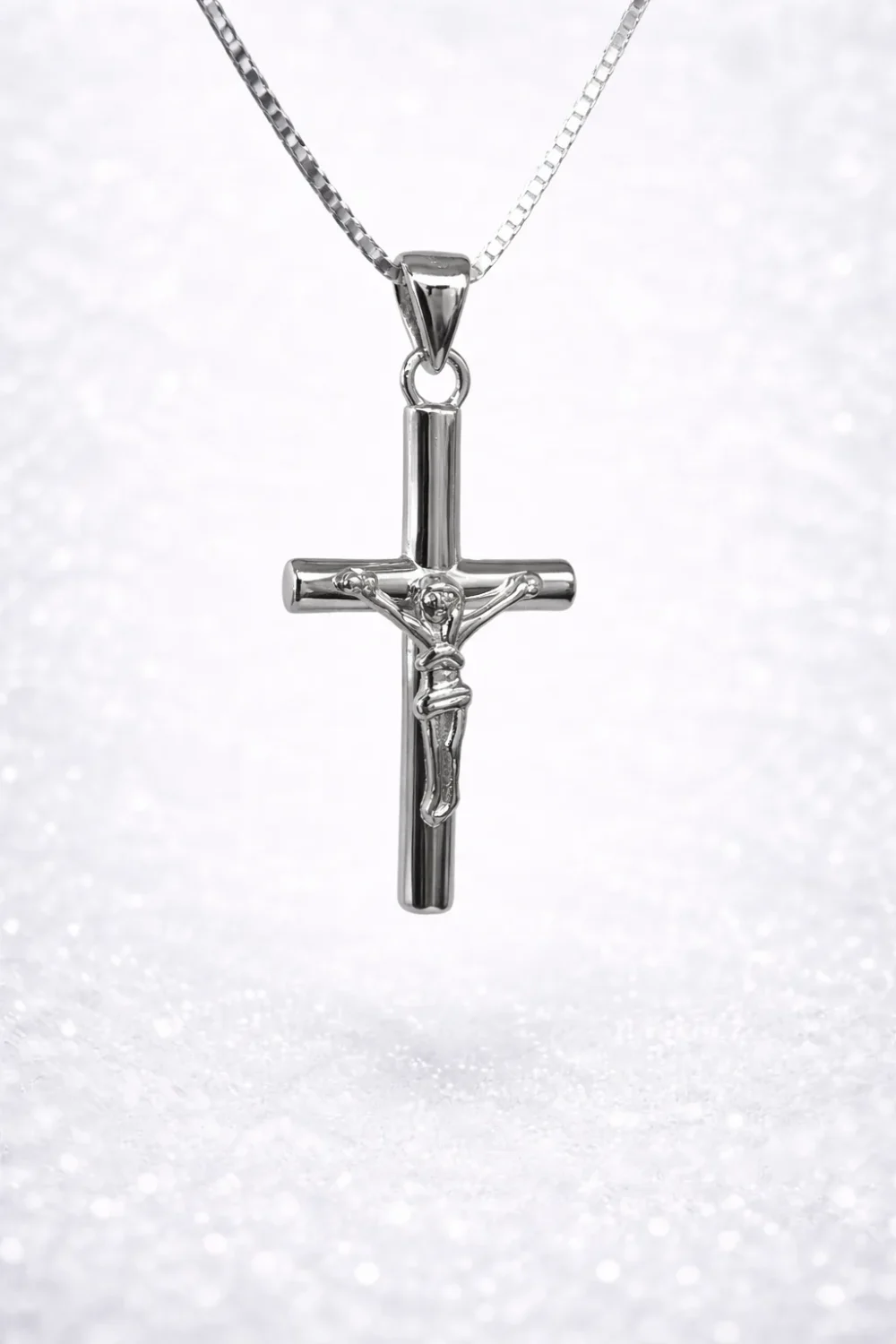 Sterling Silver Crucifix Pendant Necklace – Classic Polished Cross with Box Chain - XL070304B