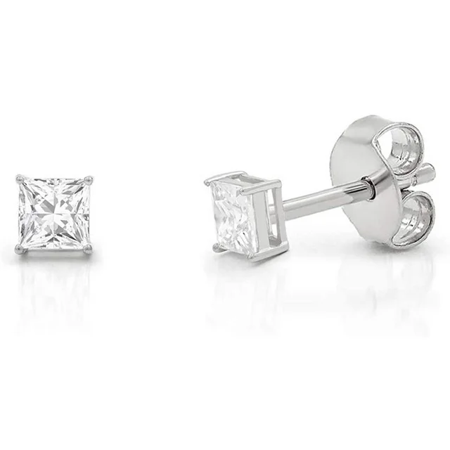 Sterling Silver Cubic Zirconia 3x3mm Square 4 Claw Stud Earrings