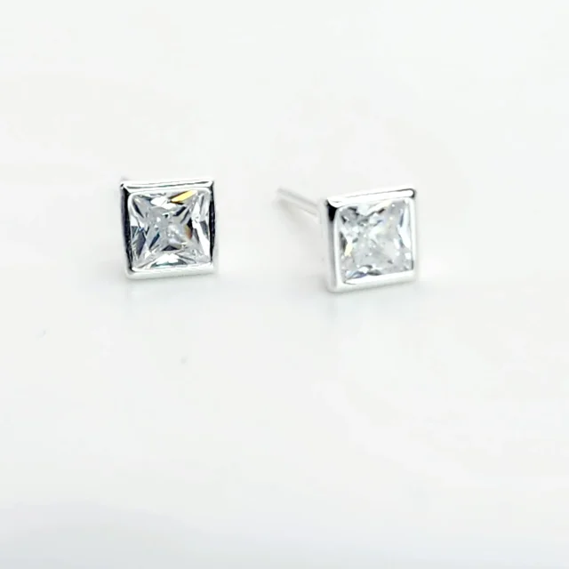 Sterling Silver Cubic Zirconia 4x4mm Square Stud Earrings