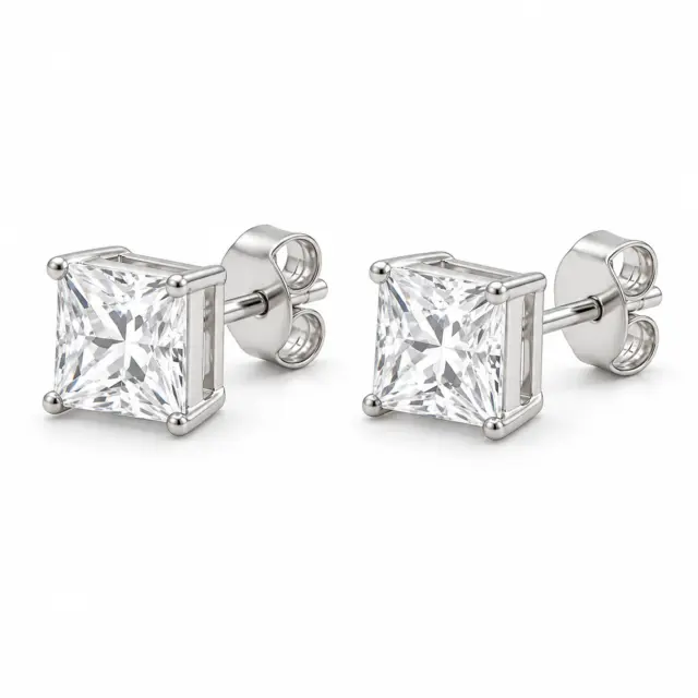 Sterling Silver Cubic Zirconia 5x5mm Square 4 Claw Stud Earrings
