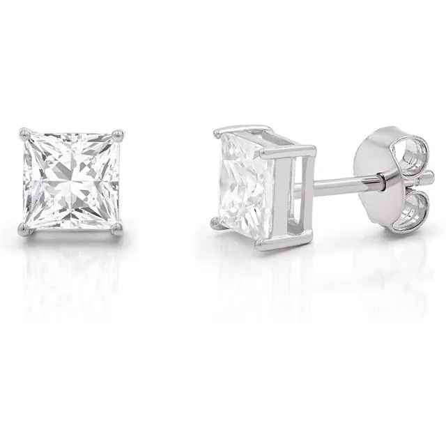 Sterling Silver Cubic Zirconia 5x5mm Square 4 Claw Stud Earrings