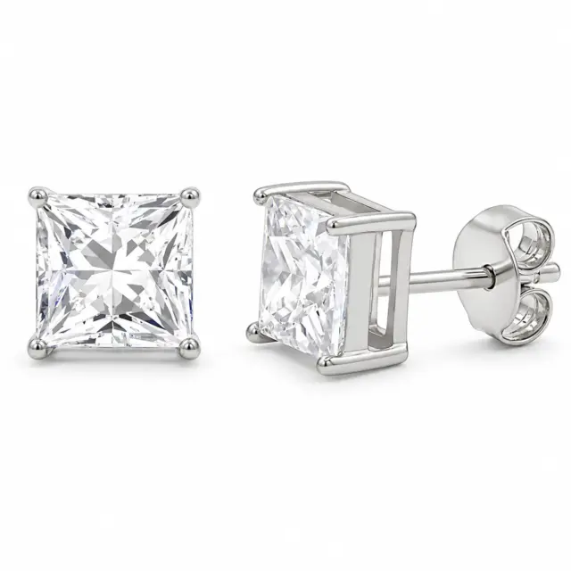Sterling Silver Cubic Zirconia 6x6mm Square 4 Claw Stud Earrings