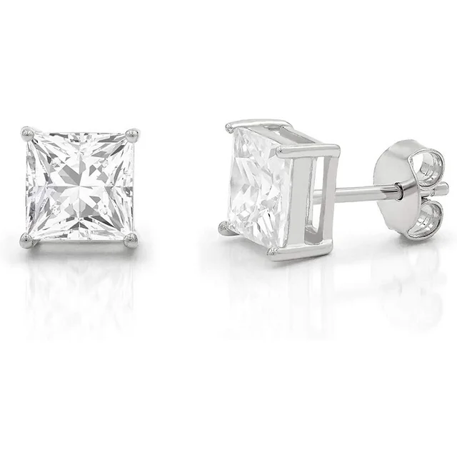 Sterling Silver Cubic Zirconia 6x6mm Square 4 Claw Stud Earrings