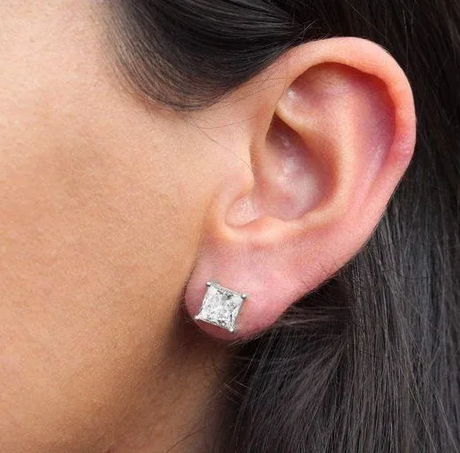 Sterling Silver Cubic Zirconia 7x7mm Square 4 Claw Stud Earrings