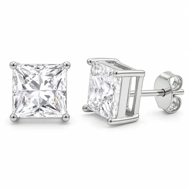 Sterling Silver Cubic Zirconia 7x7mm Square 4 Claw Stud Earrings