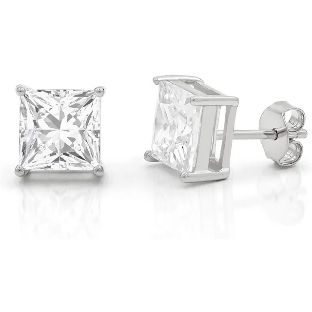 Sterling Silver Cubic Zirconia 7x7mm Square 4 Claw Stud Earrings
