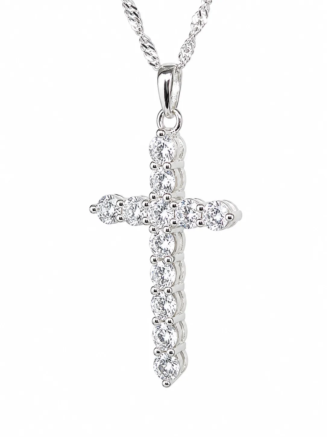 Sterling Silver Cubic Zirconia Cross Pendant 17mm x 30mm – 12 Round Cut CZ Stones with Complimentary Sterling Silver Chain - 18044165