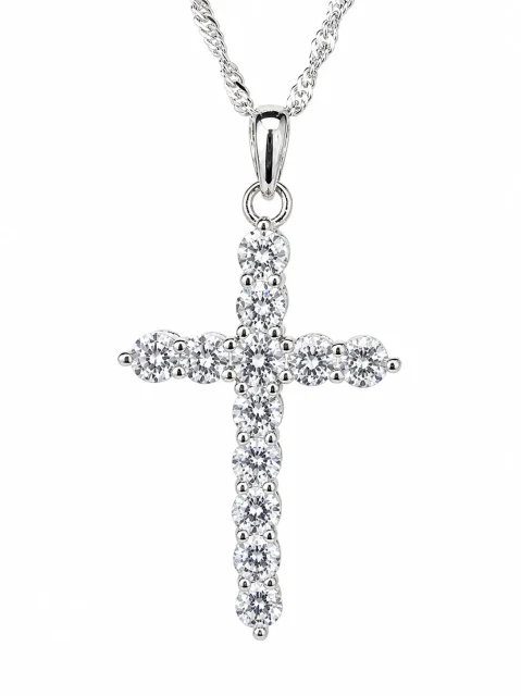 Sterling Silver Cubic Zirconia Cross Pendant 17mm x 30mm – 12 Round Cut CZ Stones with Complimentary Sterling Silver Chain - 18044165