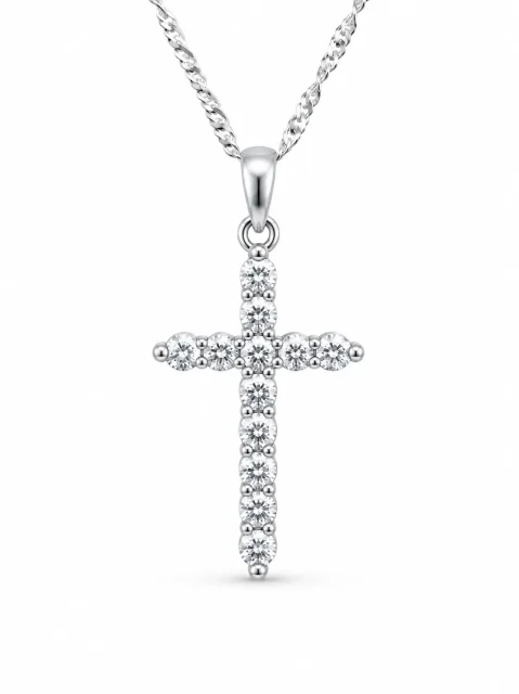 Sterling Silver Cubic Zirconia Cross Pendant with Complimentary Sterling Silver Chain – 15mm x 25mm - 18041054