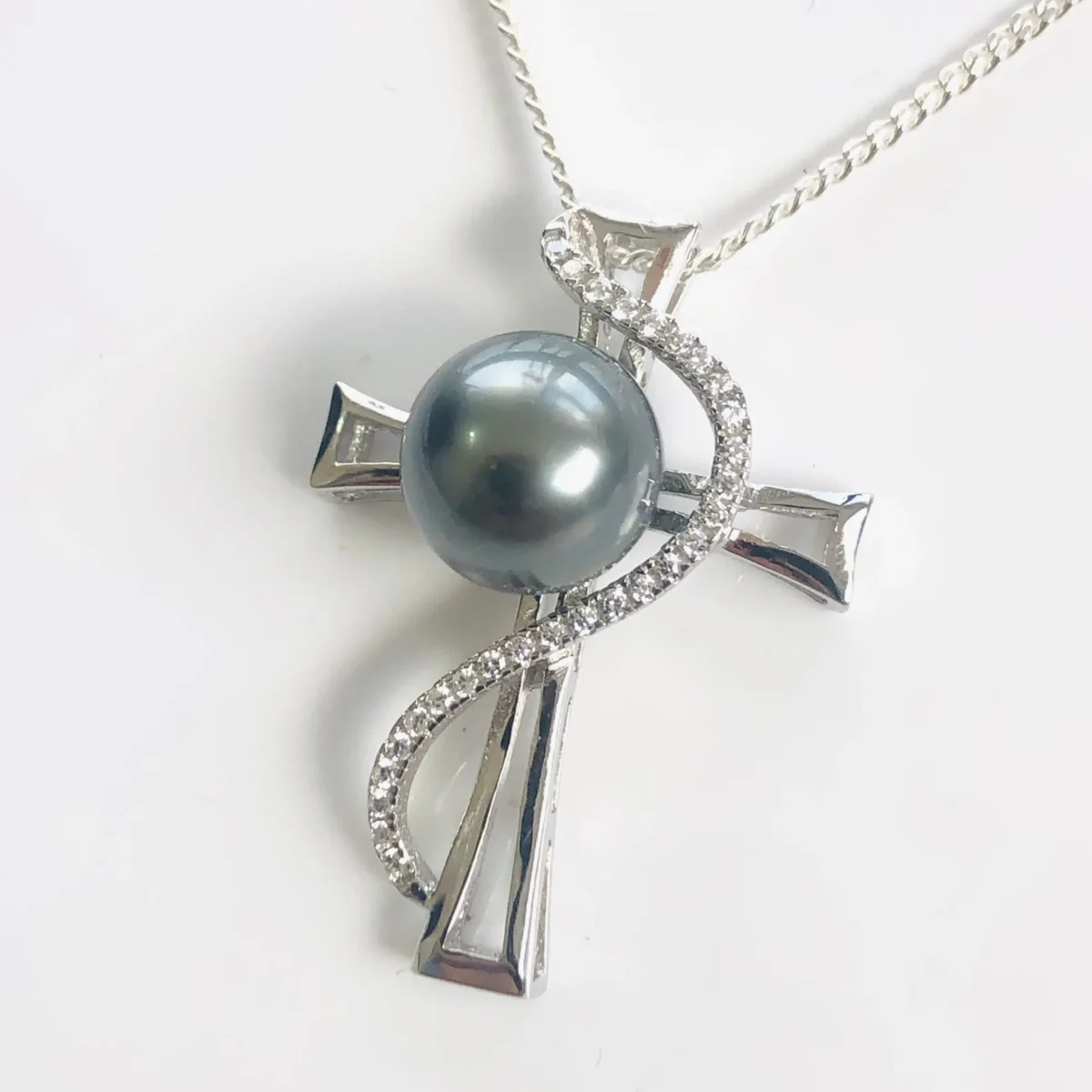 Sterling Silver Cubic Zirconia Cross with 9mm-10mm Round Tahitian Black Pearl