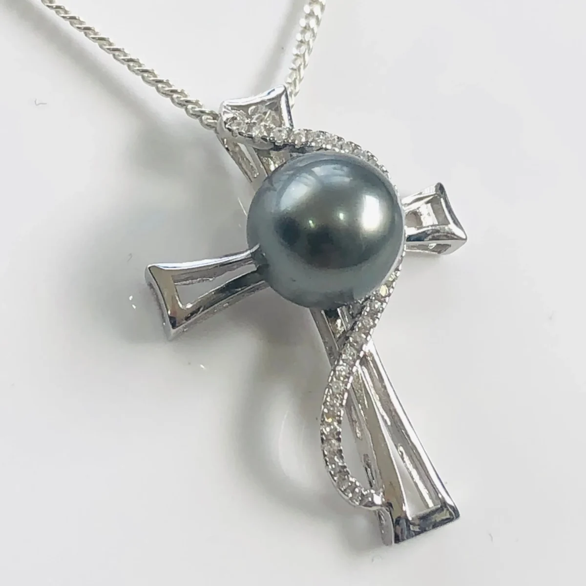 Sterling Silver Cubic Zirconia Cross with 9mm-10mm Round Tahitian Black Pearl