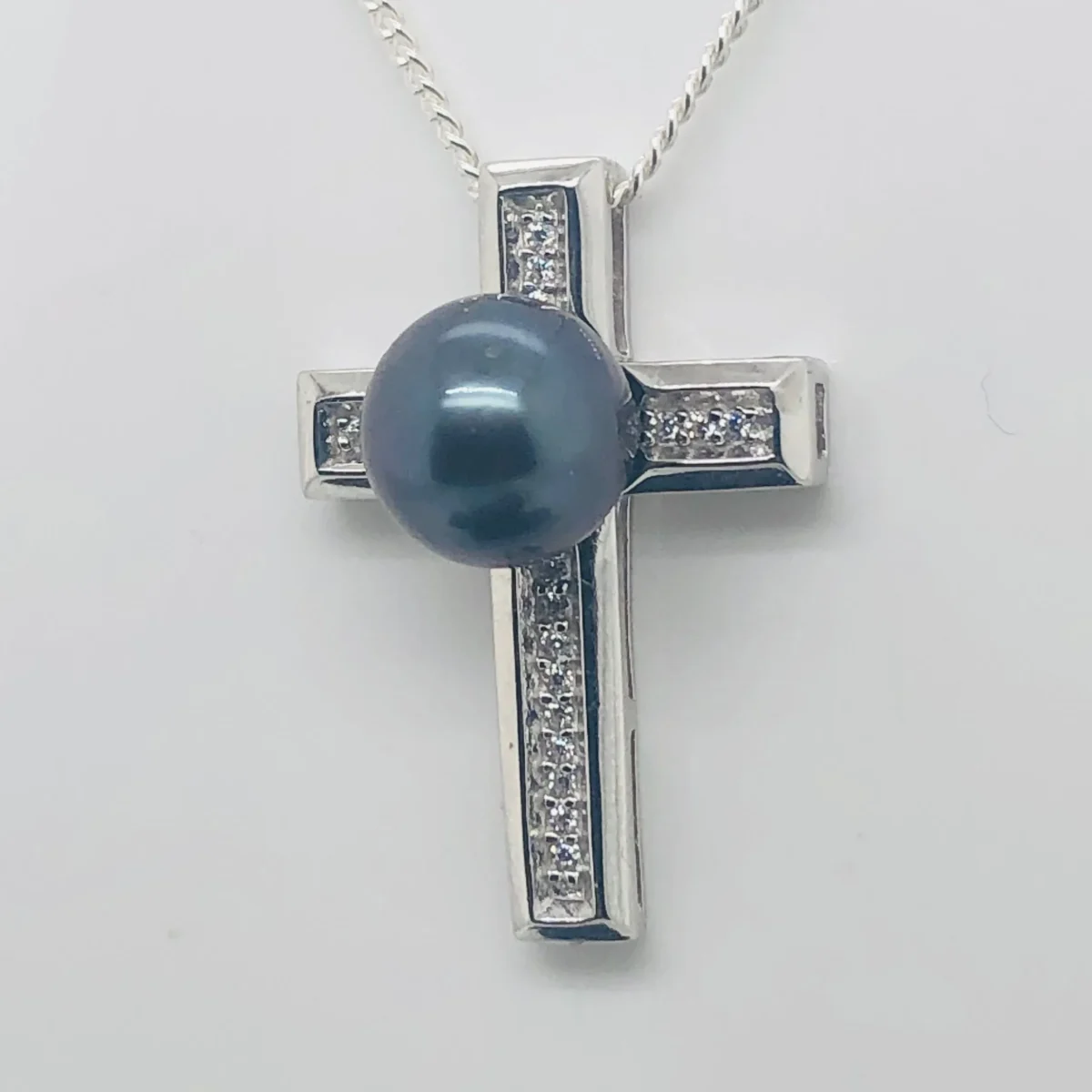 Sterling Silver Cubic Zirconia Cross with 9mm-10mm Round Tahitian Black Pearl