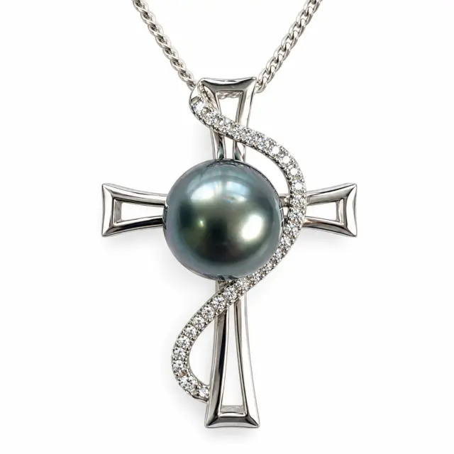 Sterling Silver Cubic Zirconia Cross with 9mm-10mm Round Tahitian Black Pearl