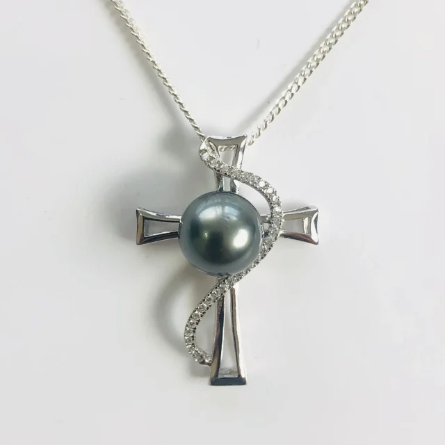 Sterling Silver Cubic Zirconia Cross with 9mm-10mm Round Tahitian Black Pearl