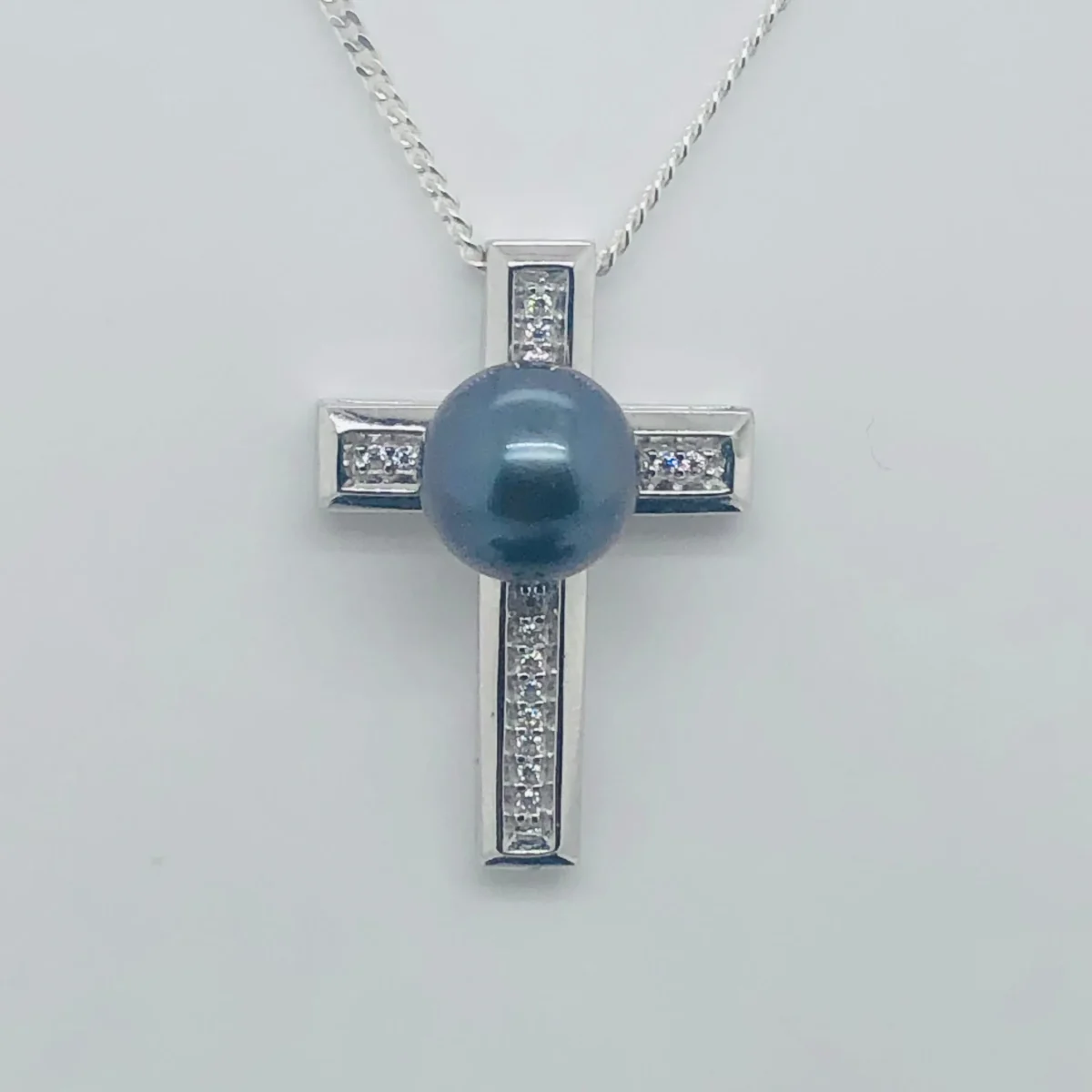 Sterling Silver Cubic Zirconia Cross with 9mm-10mm Round Tahitian Black Pearl