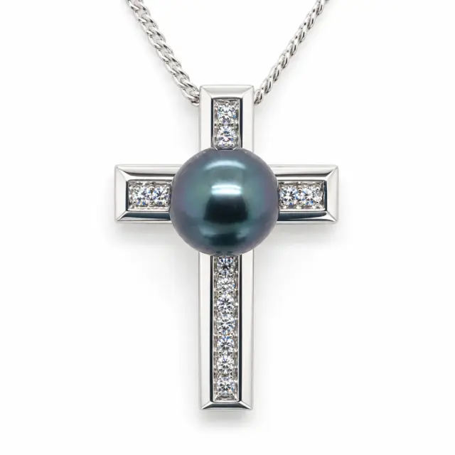 Sterling Silver Cubic Zirconia Cross with 9mm-10mm Round Tahitian Black Pearl