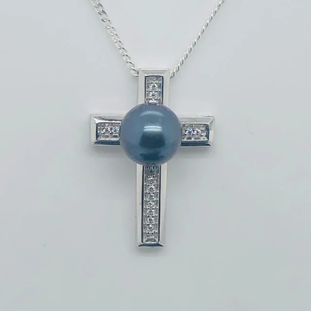 Sterling Silver Cubic Zirconia Cross with 9mm-10mm Round Tahitian Black Pearl