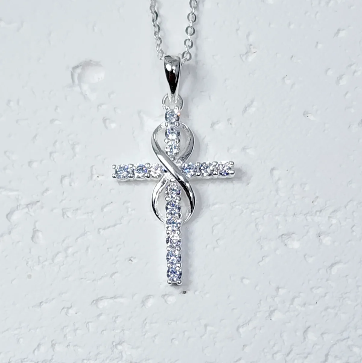 Sterling Silver Cubic Zirconia Set Cross Pendant with Infinity and Sterling Silver Chain