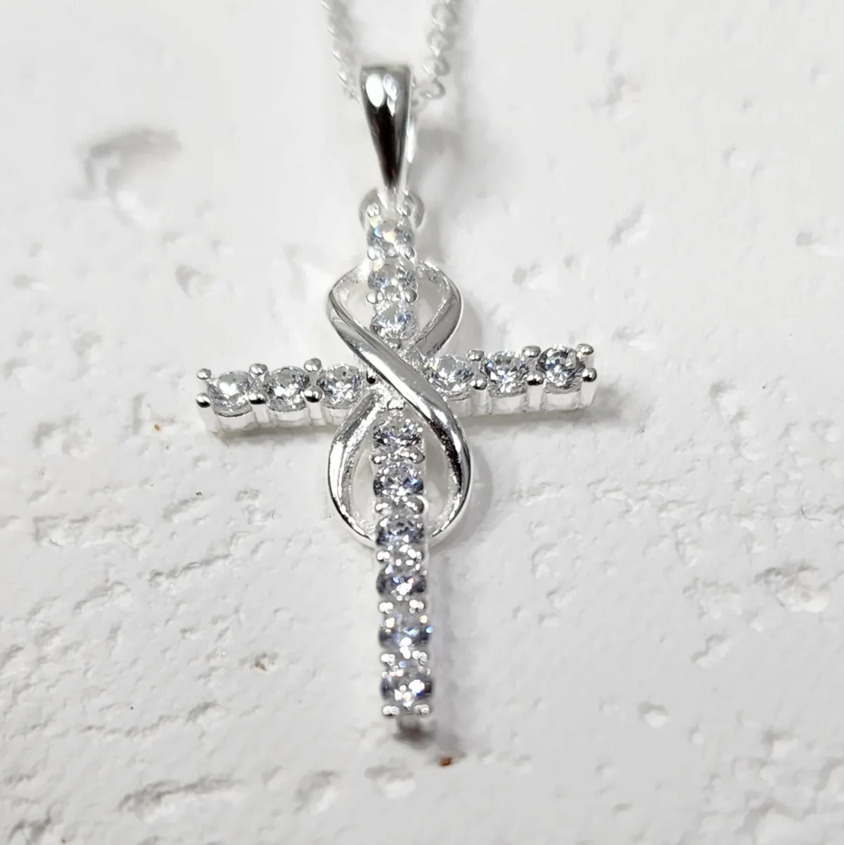 Sterling Silver Cubic Zirconia Set Cross Pendant with Infinity and Sterling Silver Chain