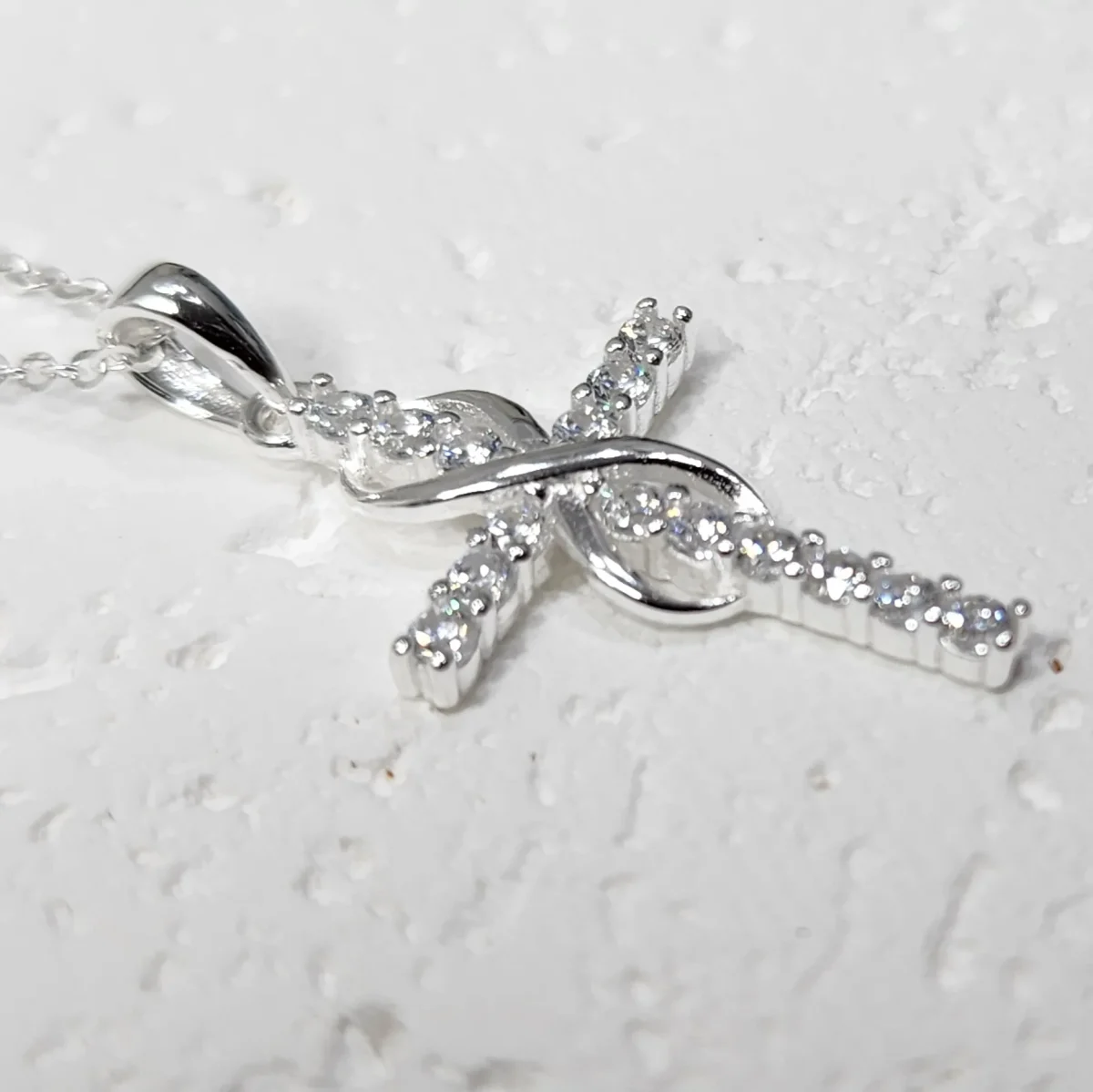 Sterling Silver Cubic Zirconia Set Cross Pendant with Infinity and Sterling Silver Chain