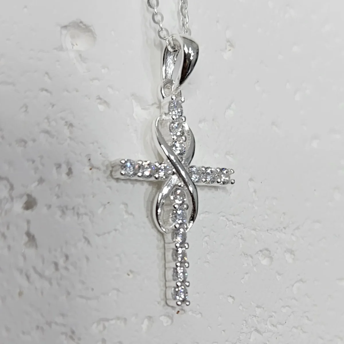 Sterling Silver Cubic Zirconia Set Cross Pendant with Infinity and Sterling Silver Chain