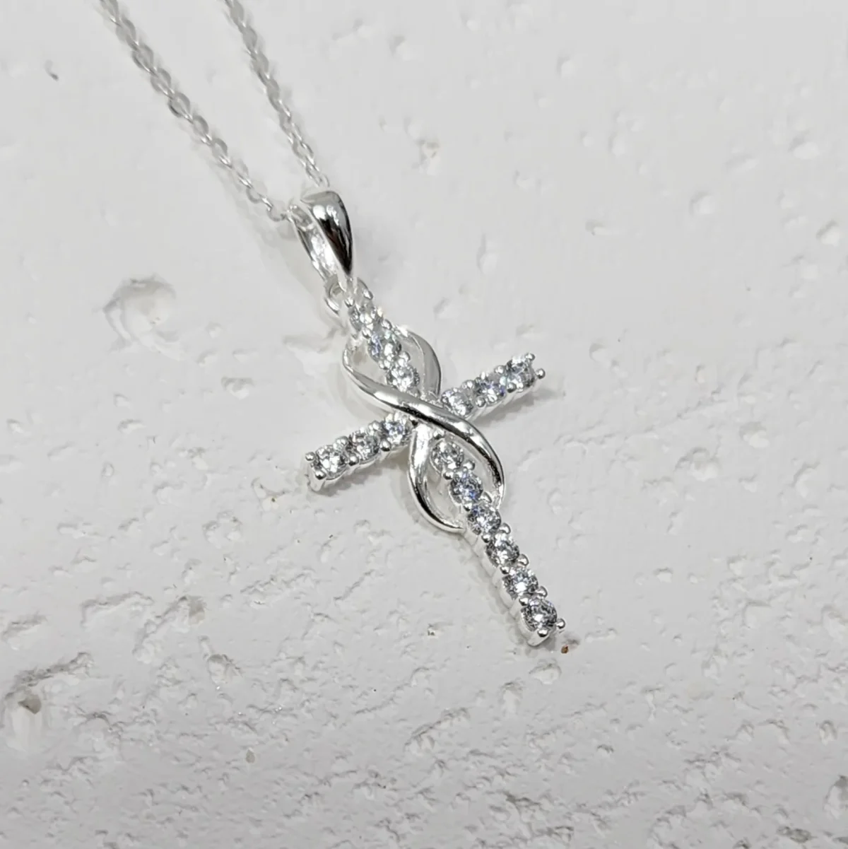 Sterling Silver Cubic Zirconia Set Cross Pendant with Infinity and Sterling Silver Chain