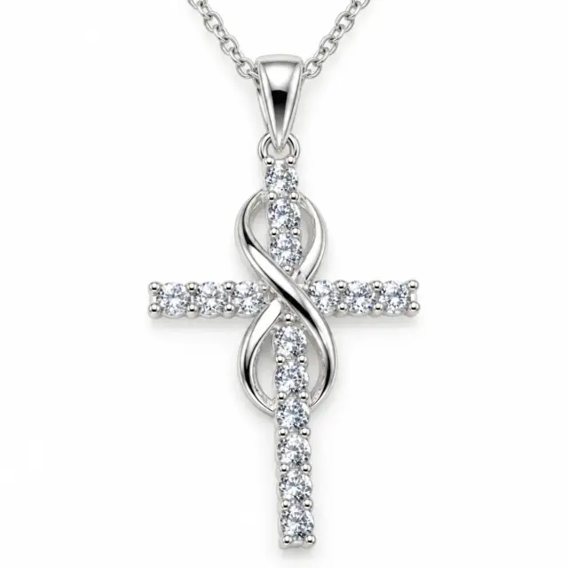 Sterling Silver Cubic Zirconia Set Cross Pendant with Infinity and Sterling Silver Chain