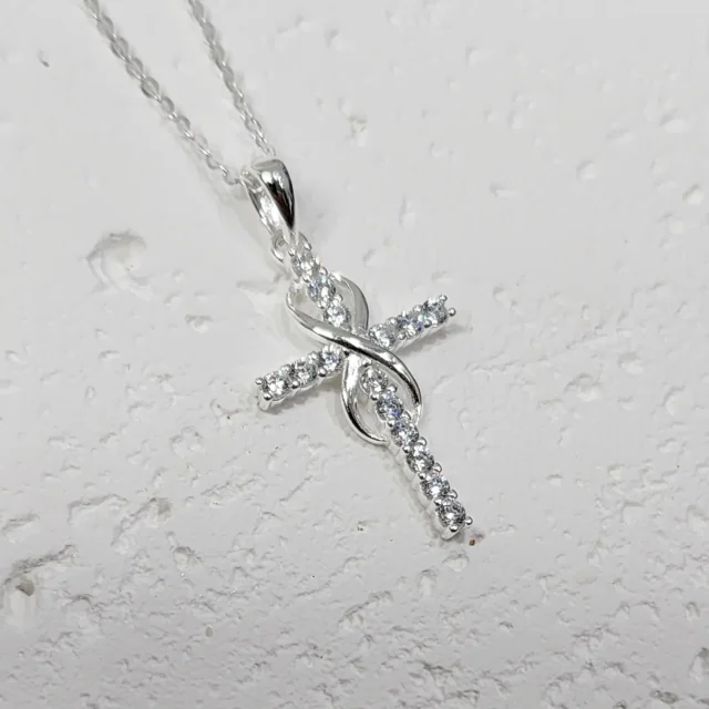 Sterling Silver Cubic Zirconia Set Cross Pendant with Infinity and Sterling Silver Chain