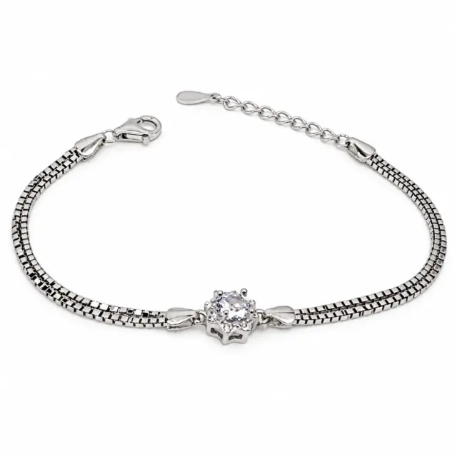 Sterling Silver Cubic Zirconia Set Double Box Chain Link Bracelet 16cm + 3cm - SSCZB01